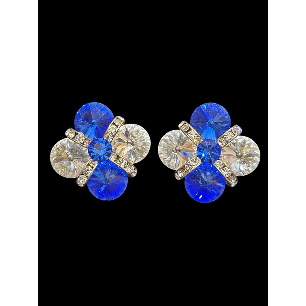 Vintage Blue Clear Rhinestone Clip Earrings Gold Tone Mid Century Jewelry